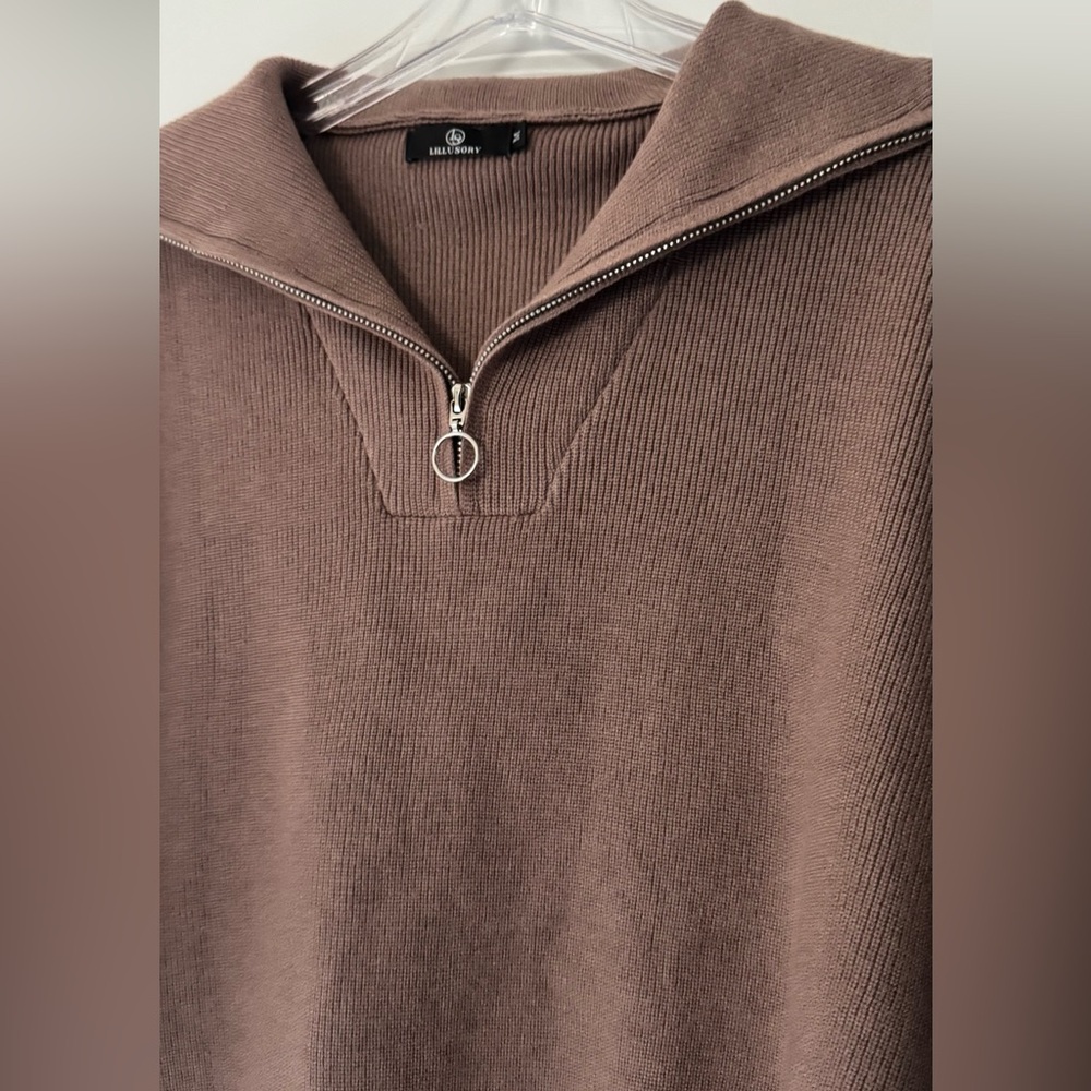 Oversize Thick Comfy Cozy Brown Ribbed Zip-Up Pullover Sweater - Picture 5 of 9